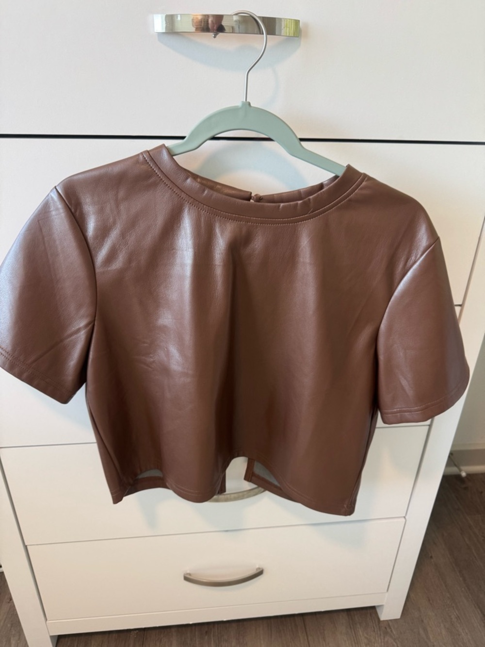 Faux Leather Short Sleeve Crop Top - Brown